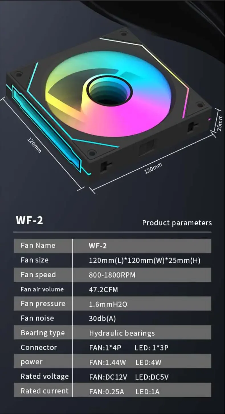 WF-2 Free Wire-Splicing Chassis Fan 12CM 5V 3pin ARGB/4pin PWM Large Air Volume