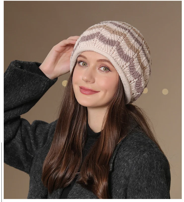 Panama Women's Winter Warmth Pile Thickened Wool Knitted Pullover Hat Big Headband Cold Protection Cap H159_voghion.com
