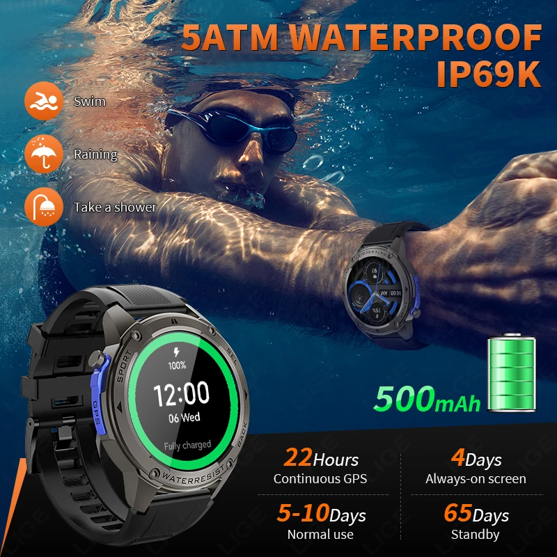 LIGE New GPS Sport Smart Watch Outdoor Run Swim Fitness Watches AMOLED Voice Call Compass Altimeter 5AMT Waterproof Bracelet Men