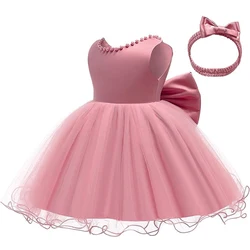 Elegant White Baby Dress with Big Bow - Perfect for Weddings, Baptisms, and First Birthdays (Bean Pink)