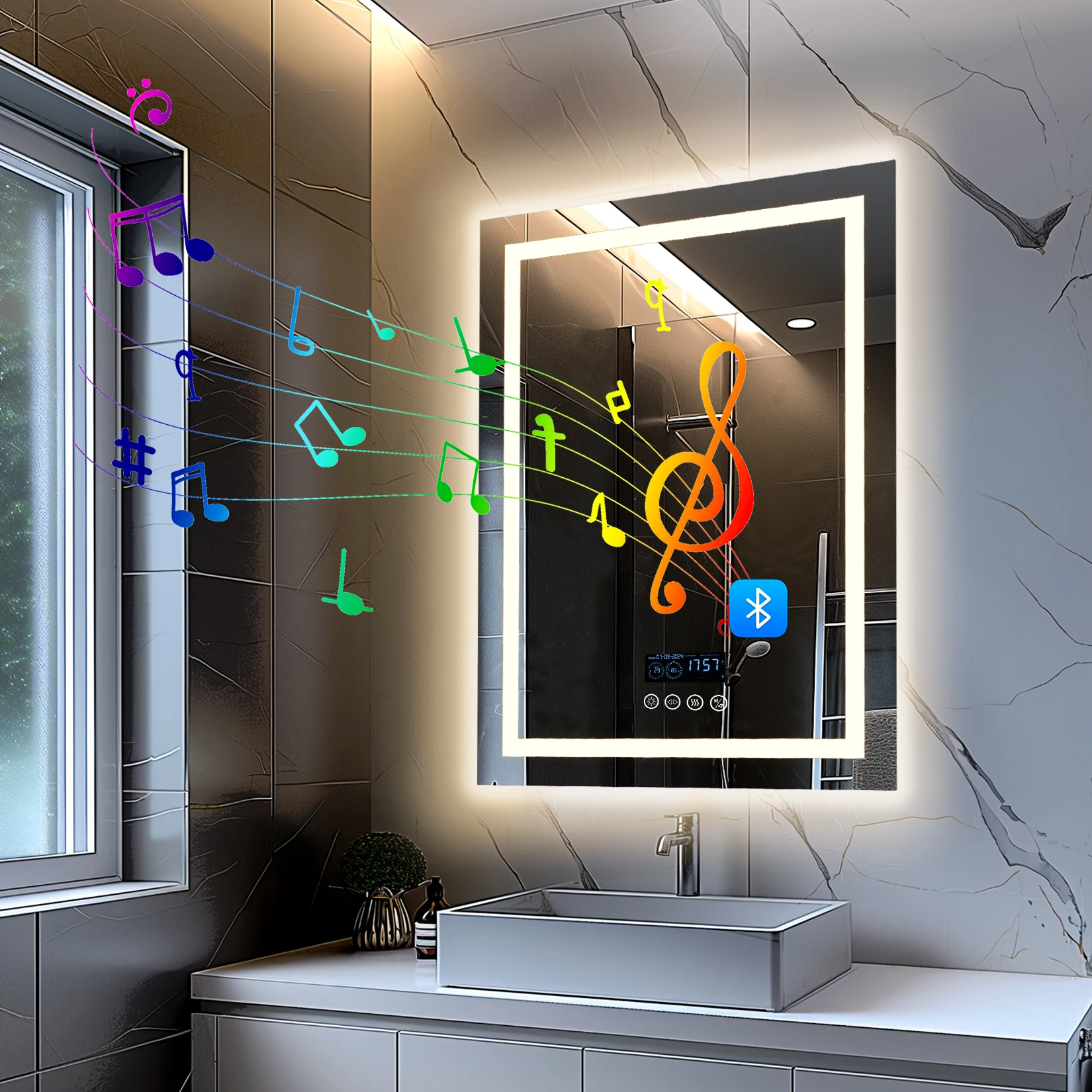 Wisfor 28x36 Lighted Bathroom Mirror with Bluetooth Speaker Smart LED Vanity Makeup Wall Mounted Mirrors 3 Lights Anti-Fog Touch 5