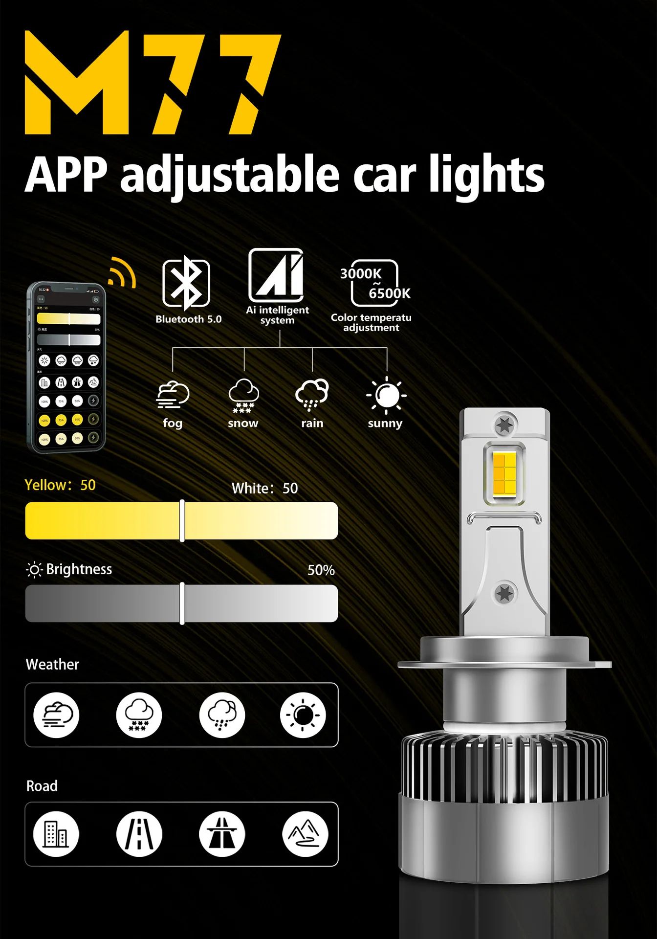 2개입 CANBUS 앱 제어 H4 LED 9003 HB2 상/하향등 자동차 헤드라이트 전구 미니 터보 3000K 4300K 6000K 3색 안개등 팬 포함