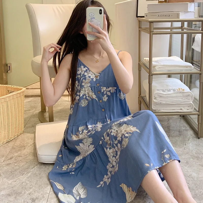 Night Dress Women Print Cartoon Sexy Sleepwear Lingerie Cute Nightdress Strap Thin Female Underwear Nighty Home Wear Clothes