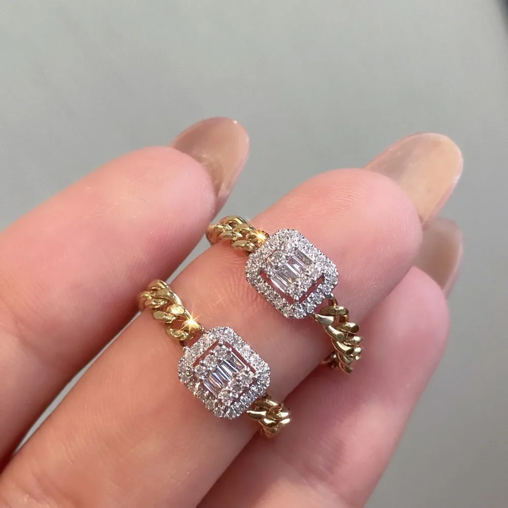 Shelly Trendy Real 18K Solid Yellow Gold AU750 Jewelry Sugar Square Natural Diamonds Cuban Chain Rings for Women Fashion Lady