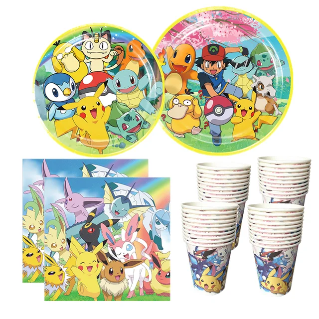 Rosa pokemon pikachu festa de aniversário decoração tema pokemon utensílios  de mesa placa de papel copo crianças menino menina festa de aniversário  suprimentos - AliExpress