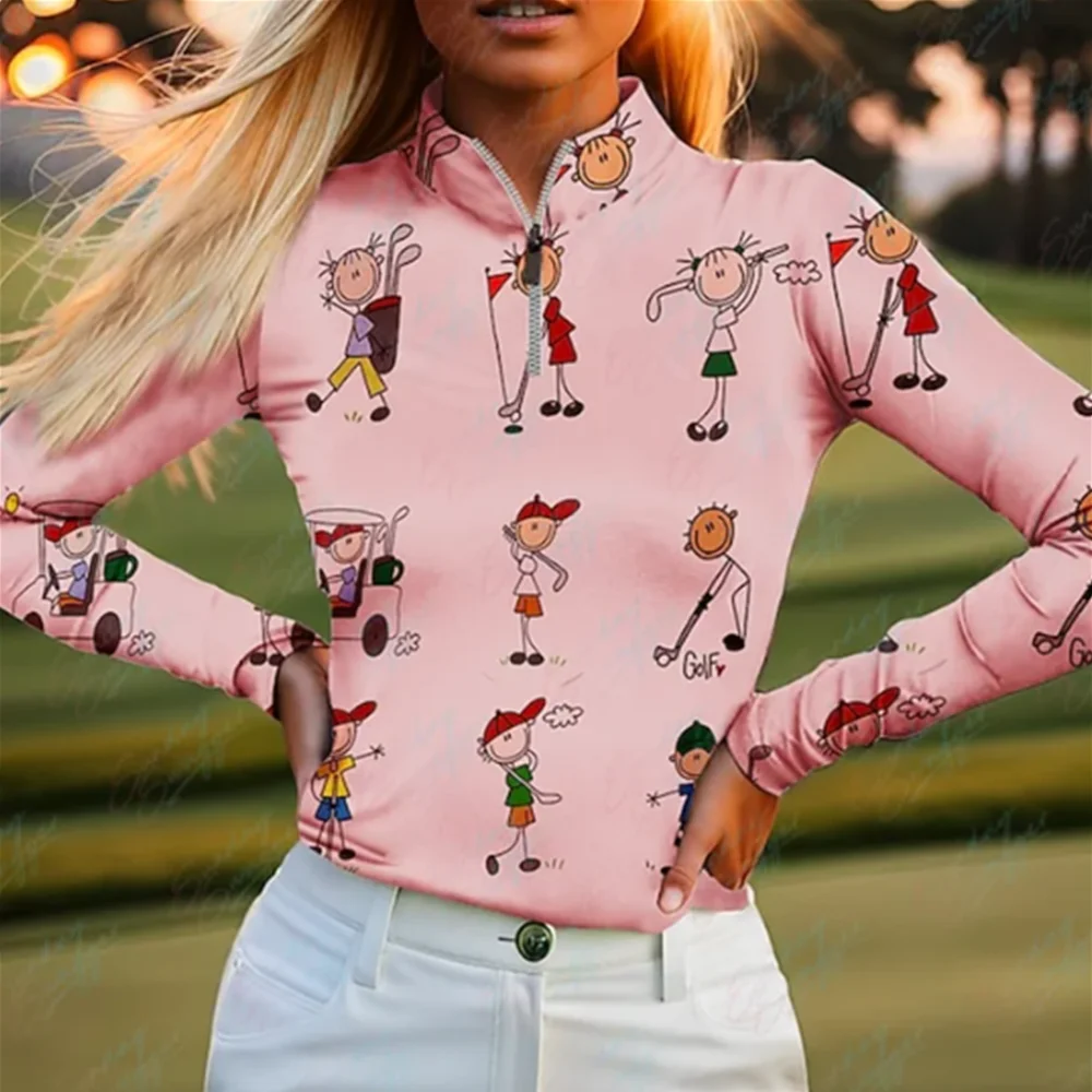 Women Golf Polo Shirt Women's Golf Polo Long Sleeve Shirt Cartoon Print Breathable Quick-drying Golf Top