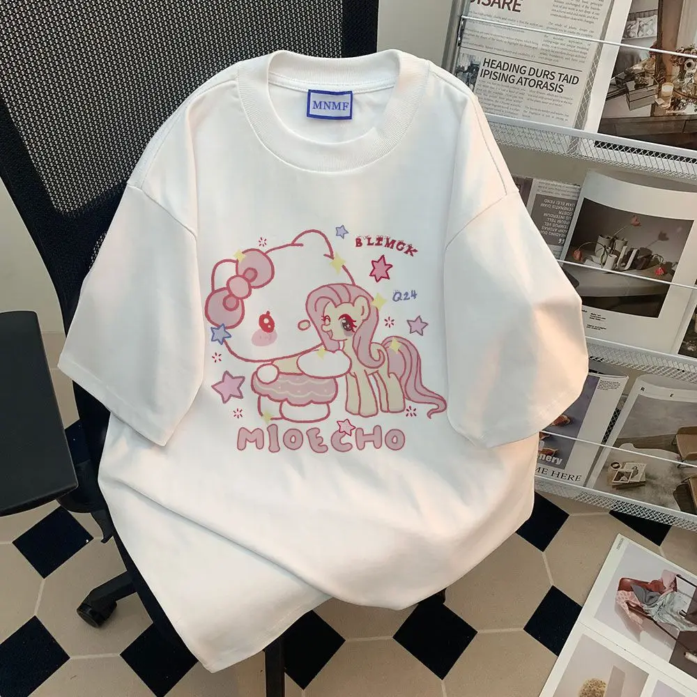 Kawaii аниме Мой маленький пони флютстерши хлопковая футболка с коротким рукавом милый мультфильм KTcat Милая свободная облегающая футболка одежда для девочек