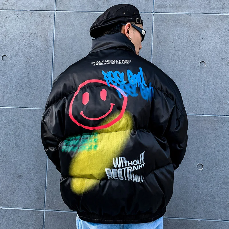 2024 Hip Hop Jacket Parka Happy Graffiti Print Men Windbreaker Streetwear Harajuku Winter Padded Jacket Coat Warm Outwear Thick 5
