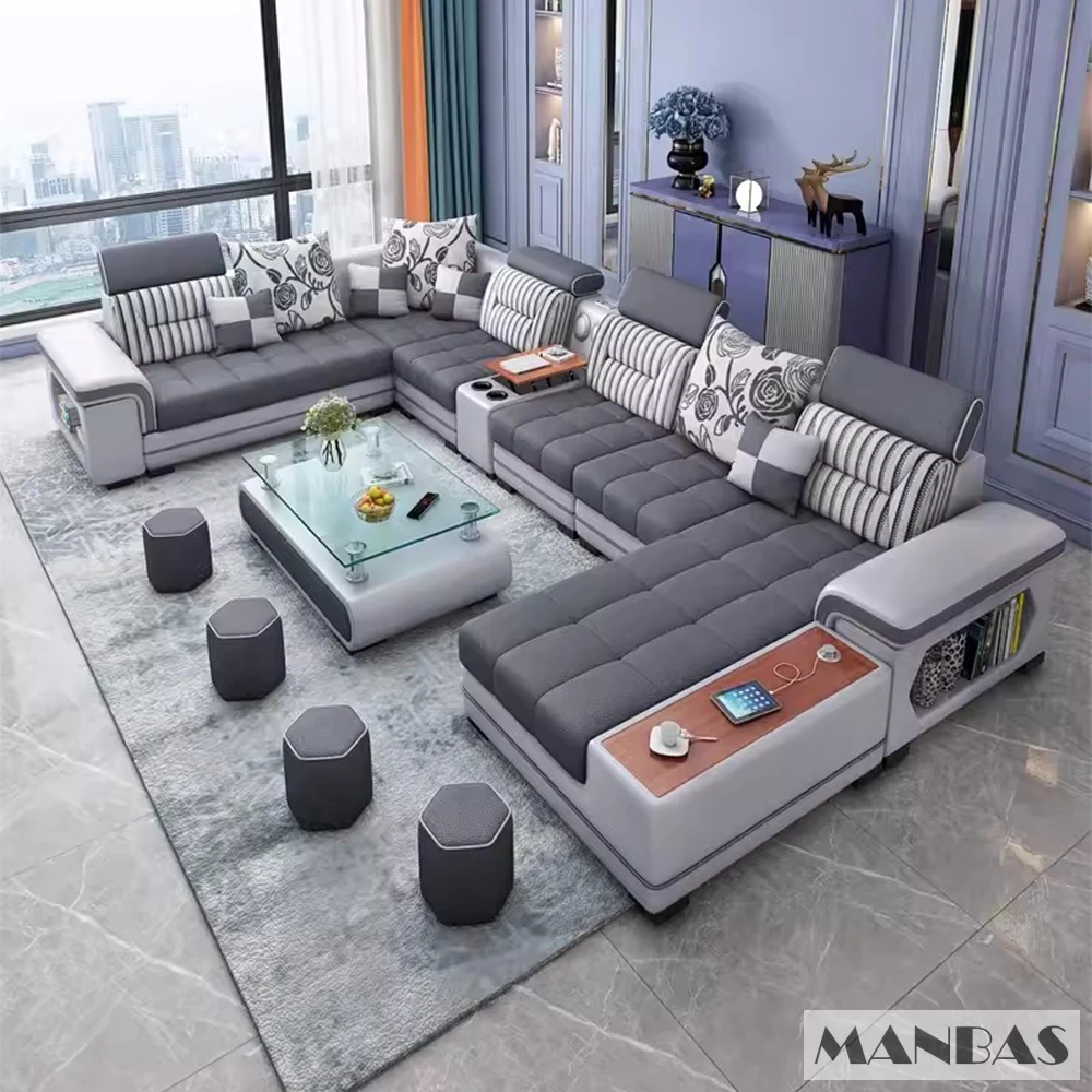 Big U-Shape Coth Living Room Sofa Sets with USB, Speaker, Stools, Bluetooth - MANBAS Fabric Sectional Sofas for Home Furniture 1
