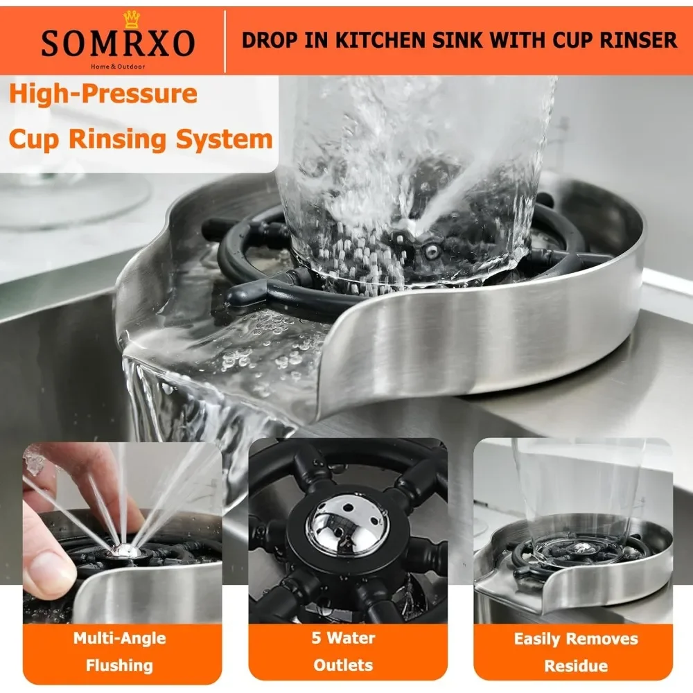 NEW-33×22 Drop In Kitchen Sink with Faucet Combo - Stainless Steel Kitchen Sink Drop In with Cup Washer, 9 Inch Deep Single Bowl