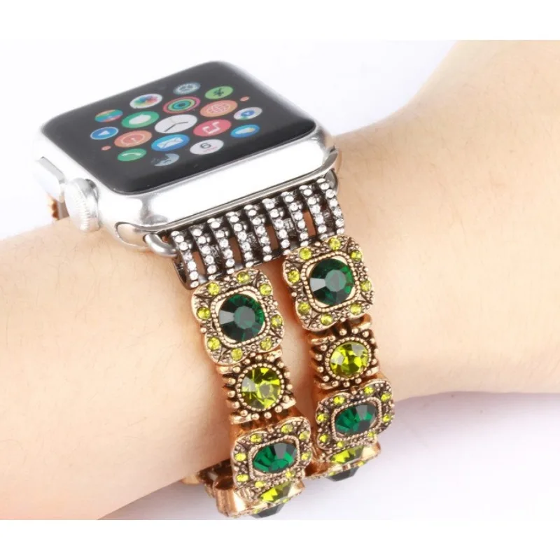 

Ремешок для наручных часов Apple Watch Женский, винтажный эластичный металлический браслет со стразами для Apple iWatch SE/7/6/5/4/3, 38 мм 40 мм 41 мм