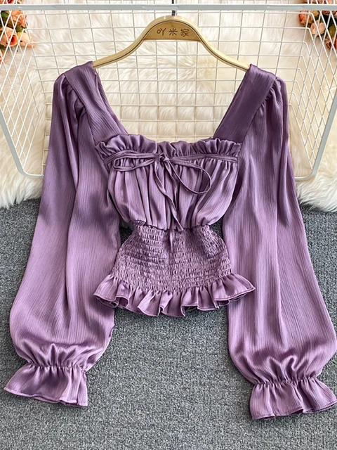 Autumn Women Purple/Red/Green Ruffle Short Shirt Vintage Square Collar Puff Sleeve Draped Short Blouse Female ELegant Tops 2021 1