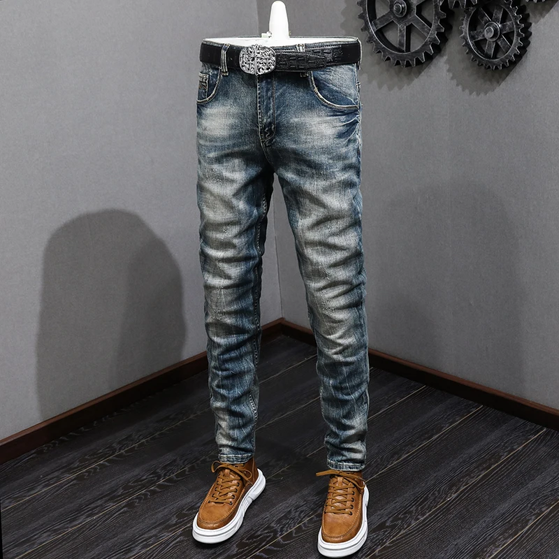 

Fashion Designer Men Jeans Retro Blue Elastic Slim Ripped Jeans Men Stretch Trousers Vintage Casual Denim Pencil Pants Hombre