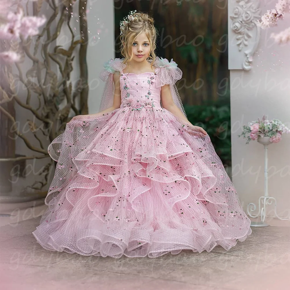 

Pink Layered Tulle Puffy Flower Girl Dress For Wedding Sequin Sparkly Lace Applique Birthday Party First Communion Ball Gowns