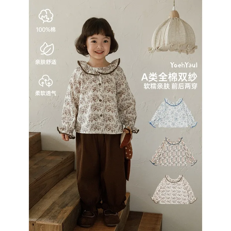 여아 플로럴 블라우스 리버시블 탑 베이비돌 칼라 플로럴 셔츠 봄 가을 키즈 긴팔 귀여운 빈티지 다용도 의상