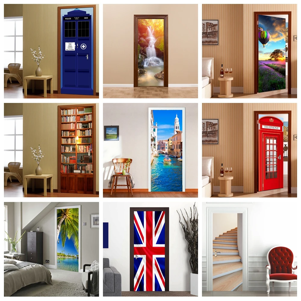 Bookcase 3D Print Door Sticker Vinyl Decal European Landscape Telephone ...