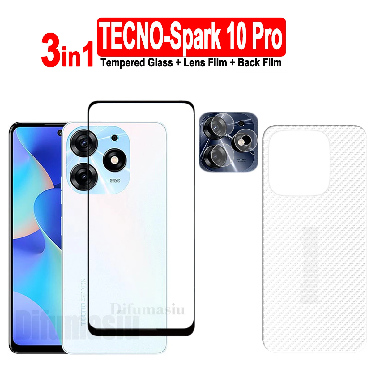 

For Tecno Spark 10 Pro Tempered Glass Screen Protectors Soft Camera Lens Protector Full Cover Screen Glass 3in1 Back Film