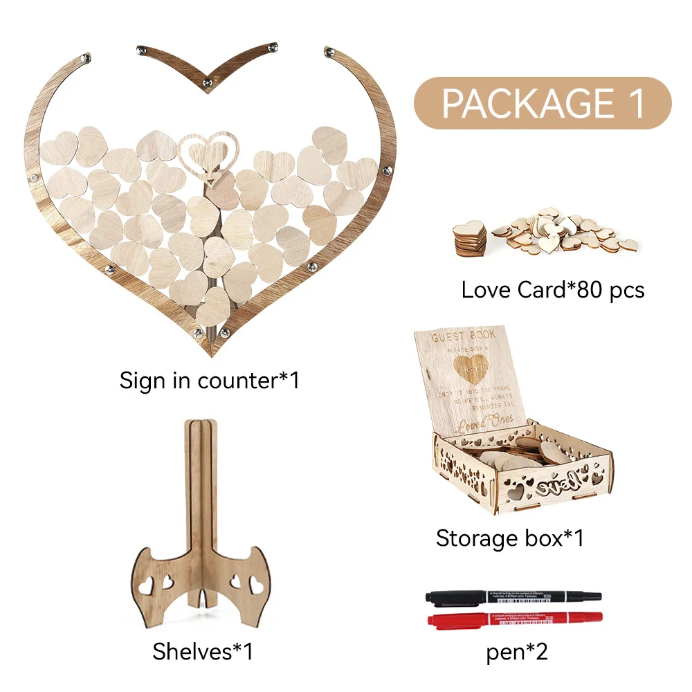 Wooden Heart Shape Guest Book Set Heart Sign Cards Pens Storage Box Personalized Weddings Baby Shower Anniversary Party