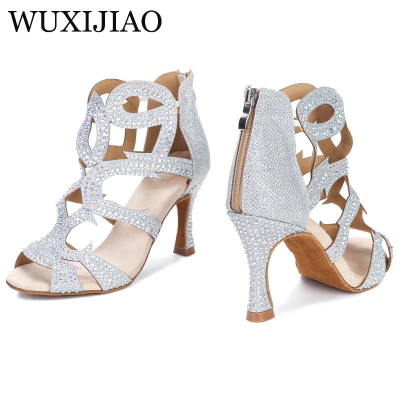 WUXIJIAO New dance shoes ethnic traditional rhinestone pattern latin dance shoes professional ballroom dancing shoes