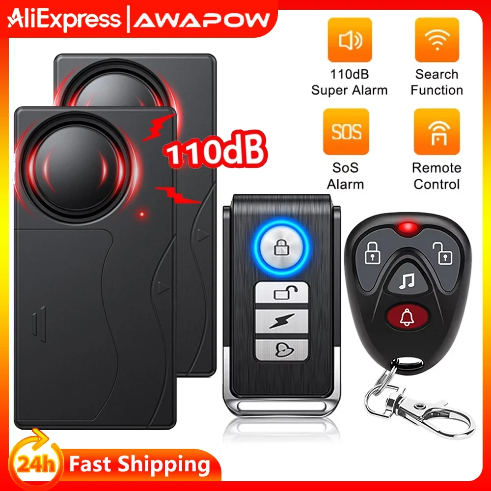 Awapow Wireless Vibration Alarm with Remote Control – 110dB Loud Anti-Theft Security for Bikes, Doors, and Windows