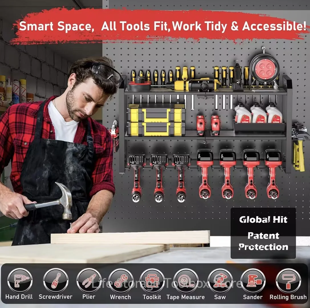 Tool Organizer Power Tool Holder 3-Layer Heavy Duty Pegboard Wall Storage Tool Set Drill Screwdriver Rack Workshop Cabinet