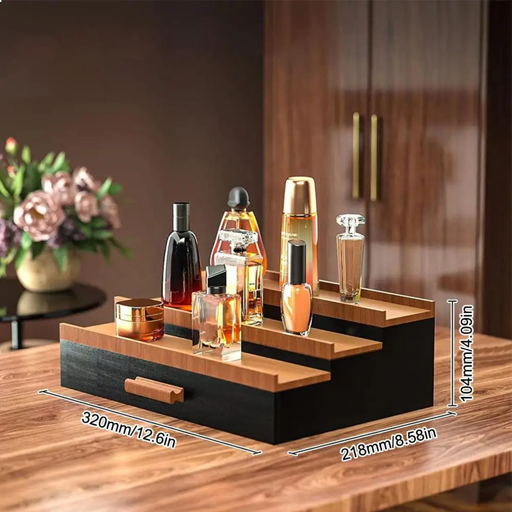 

Wooden Cosmetics Storage Box With Drawer Hidden Layer Stand Stepped Organizer Display P5e1