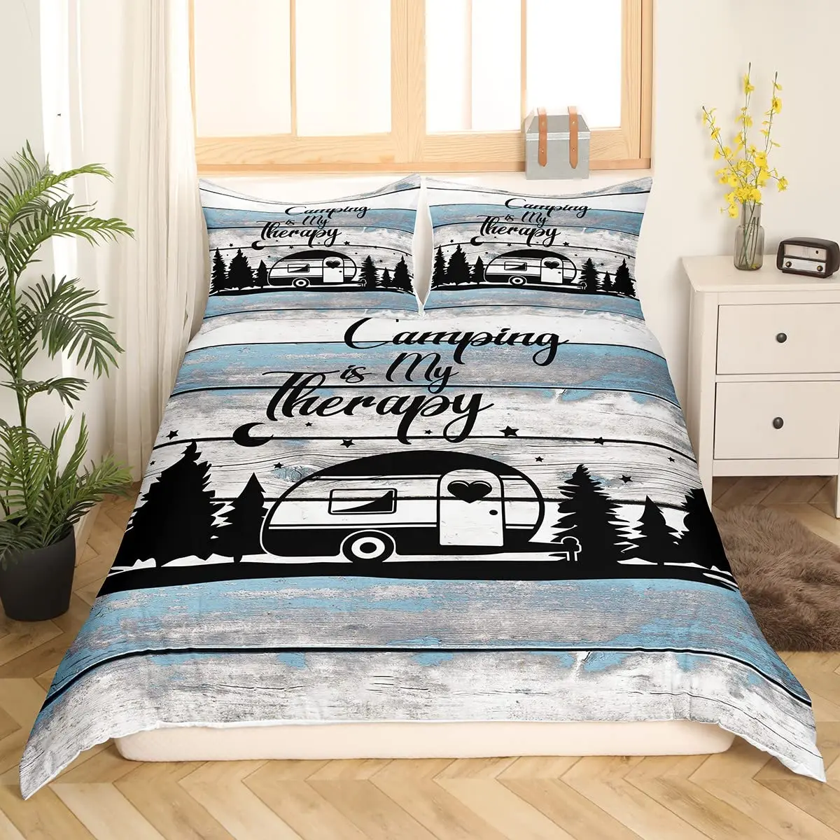 Camping Bedding Set Twin King Full Size for Teens Adult Duvet Cover Happy Camping Comforter Cover 3 Pieces with 2 Pillowcase 2