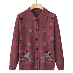 Grandma's Spring Autumn Cardigan Lapel Sweater Winter Womens Clothing Vintage Knitting Middle Aged Mother Knitwears Coat 4XL