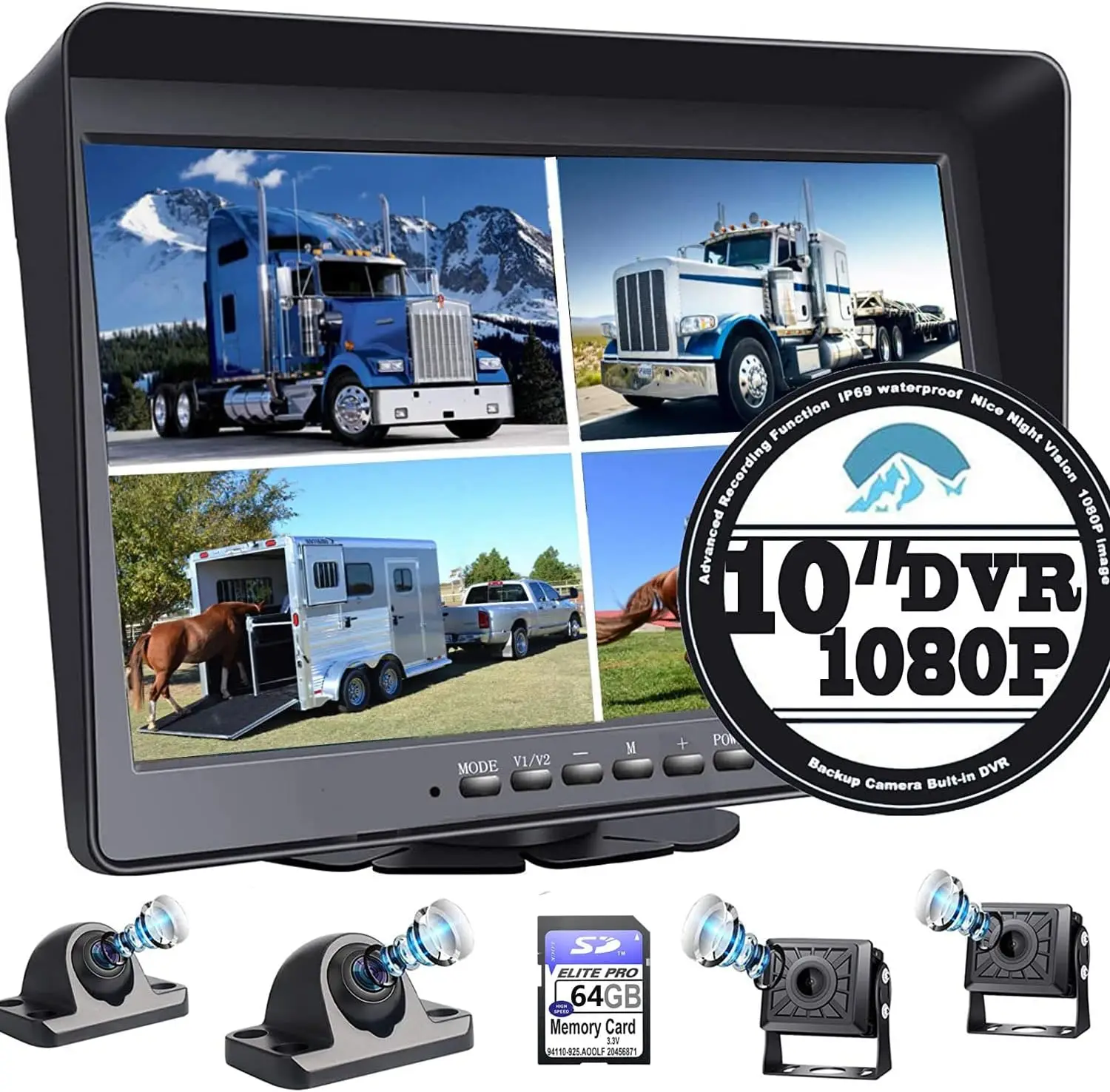 Car Backup Camera Monitor Built-in DVR for RV Truck Trailer Rear Side Front Reversing View Wired System FHD Image 4 Split Screen 1080p 720p auto vehicle camera reverse bus lcd monitor 7 inch car rear view system for truck van tractor