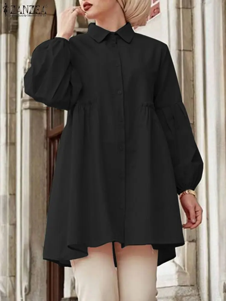 

2023 ZANZEA Woman Fashion Ruffles Muslim Blouse Autumn Long Sleeve Lapel Neck Tunic Tops Casual Work Islamic Clothing Oversized