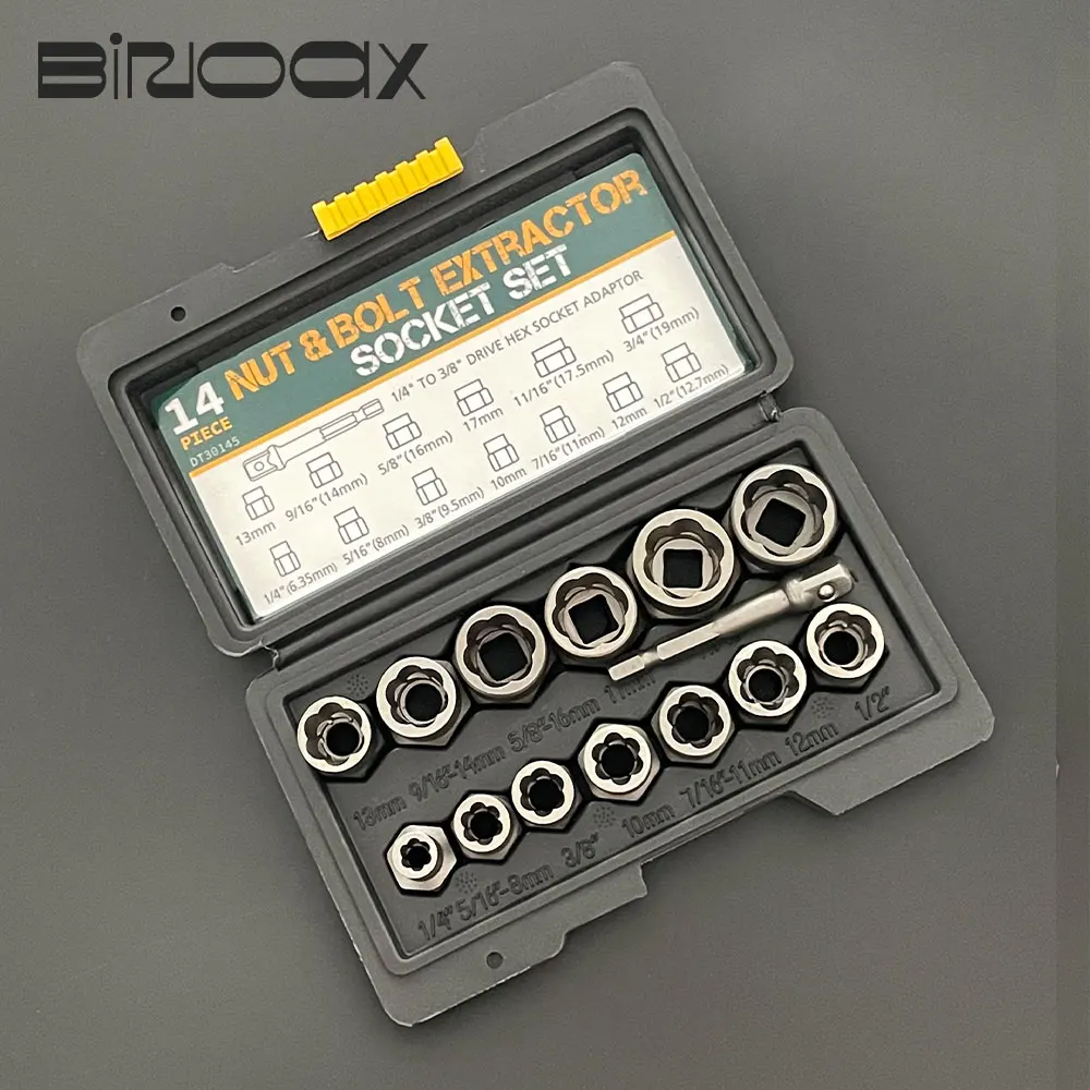 14 Pcs Impact Bolt & Nut Remover Set Cr-Mo Steel Bolt Extractor Tool Set with Solid Storage Case for Industrial