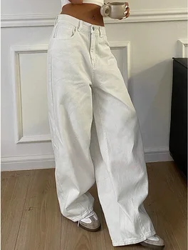 2025 New Loose Jeans Fashion Women High Waist Pocket White Solid Retro Wide Leg Denim Pants Casual Office Lady Commute Trousers 1