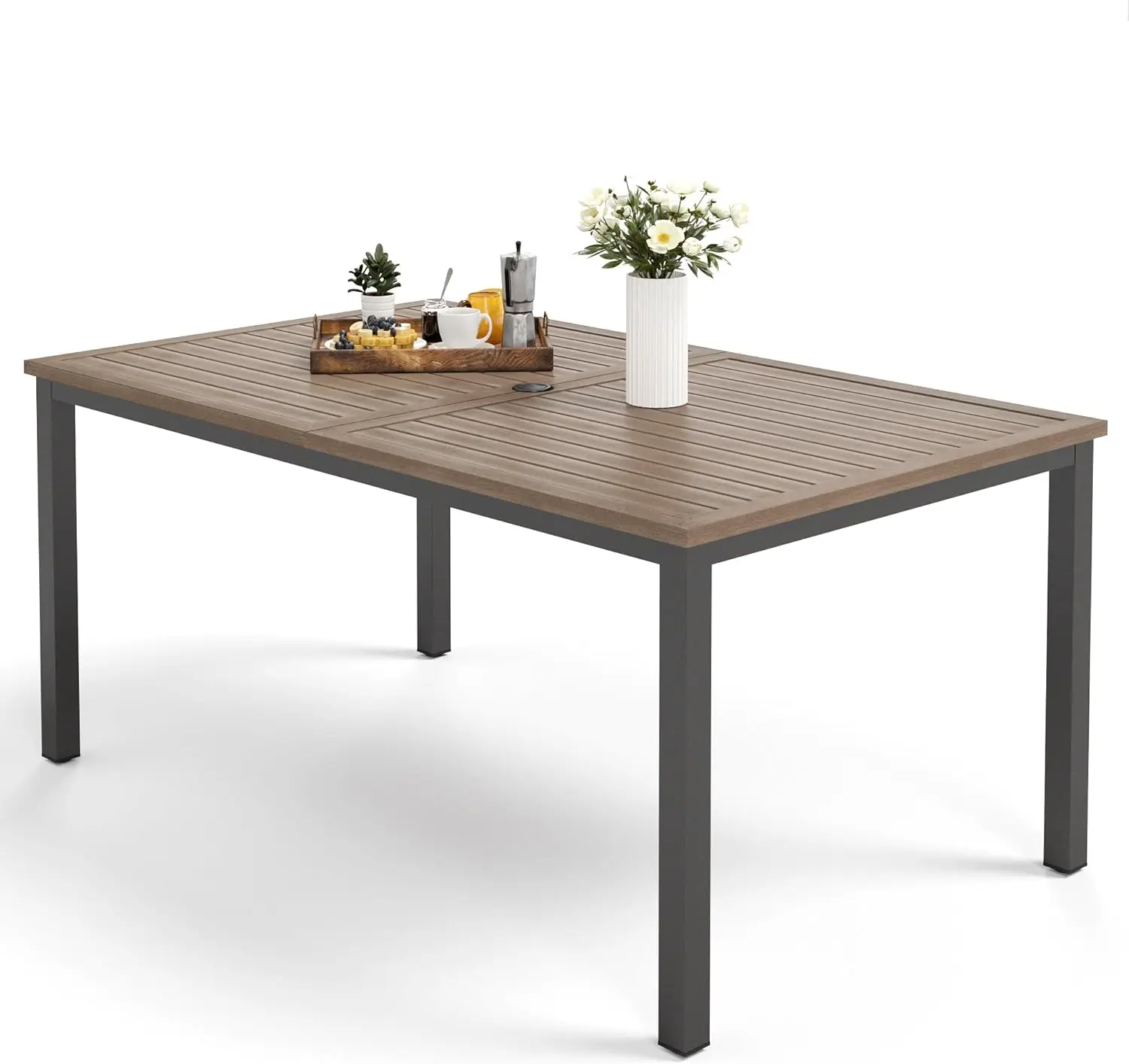 

MFSTUDIO 64"x38" Rectangle Outdoor Dining Table, Patio Furniture Wood-Like Tabletop with Adjustable Umbrella Hole for Deck,Backy