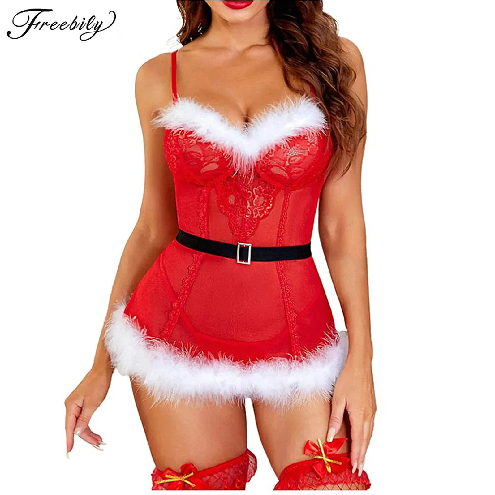 

Женское рождественское кружевное платье с перьями, нижнее белье, бюстгальтер пуш-ап на бретелях-спагетти, мини-платье для рождества, свидания, ночи, нового года