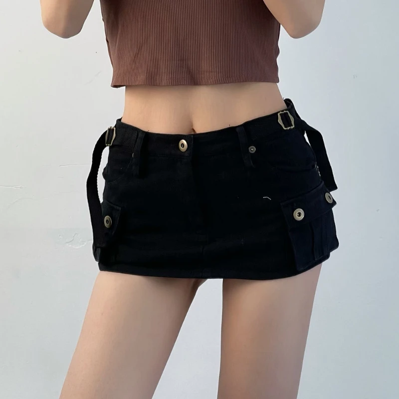 DEEPTOWN Denim Cargo Mini Skirt Women Korean Style Low Waist Slim Sexy Vintage Streetwear Green Jean Skirt Y2k Girl Summer