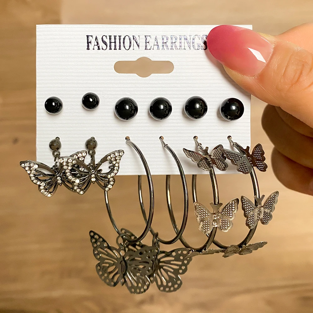 Tanie EN Vintage czarna perła motyl stadniny zestaw kolczyków dla kobiet
