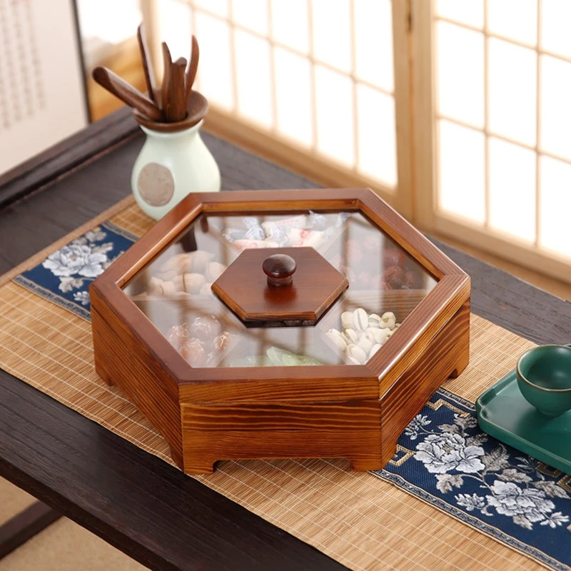 

Vintage Solid Wood Snack Box Chinese Style Divided Fruit Tray Grid Dried Ornament for Home Living Room Candy Nut Melon Seeds