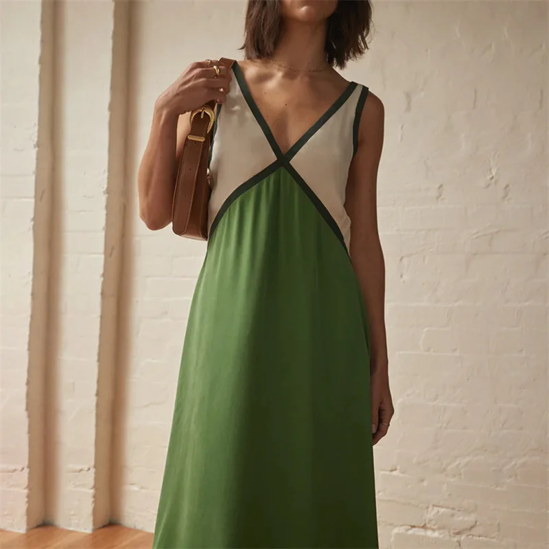 Vestido elegante de verano para mujer, con cuello en V, sin mangas, con patchwork de colores contrastantes, largo y sexy para fiesta de noche.