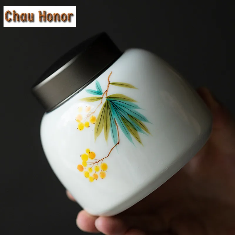 Pure Hand-painted Loquat Tea Pot Household Double-layer Sealed Ceramic Pot Tea Storage Caddy Moisture-proof Pot Kung Fu Tea Set