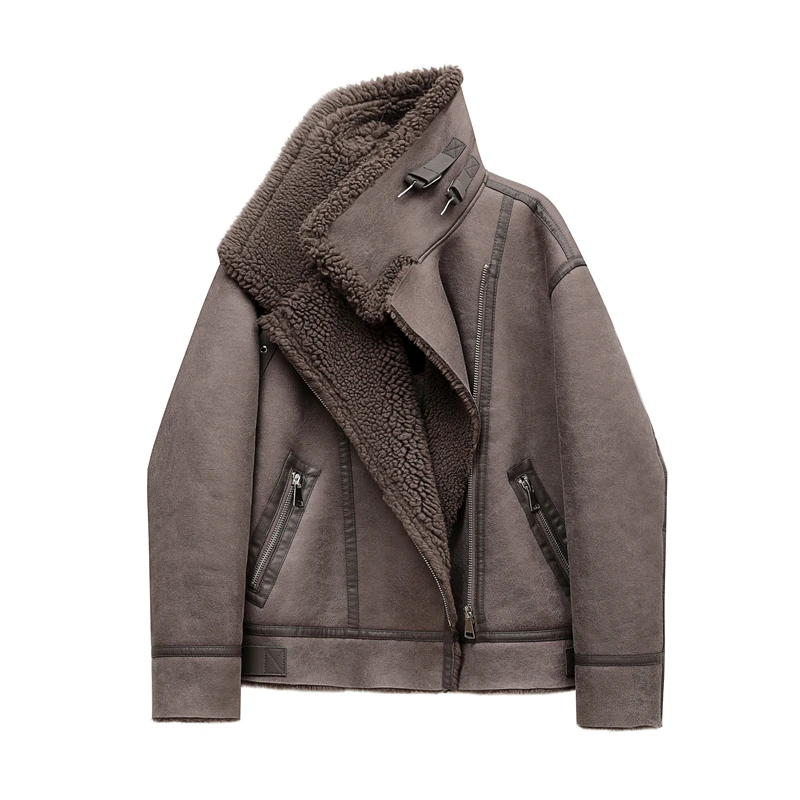 

Sigutan 2023 Autumn Winter New Zipper Locomotive Women Thickened Warm Double-sided Short Jacket Female Brown Coat