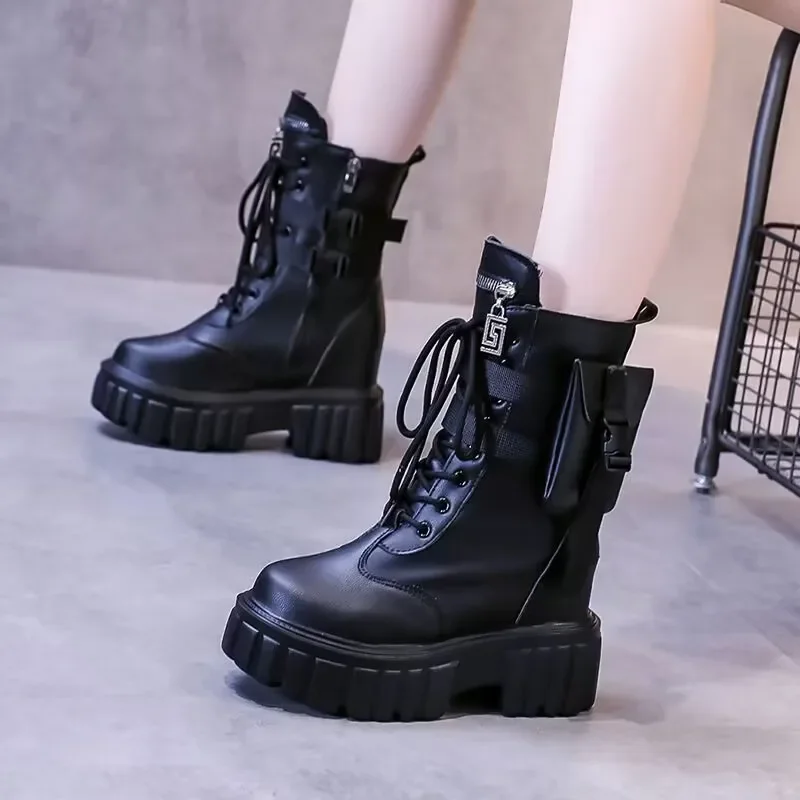 

New Woman Platform Ankle Boots Winter Chunky Sneakers Warm Casual Vulcanized Shoes 9CM High Top Leather Short Boots Women Mujer