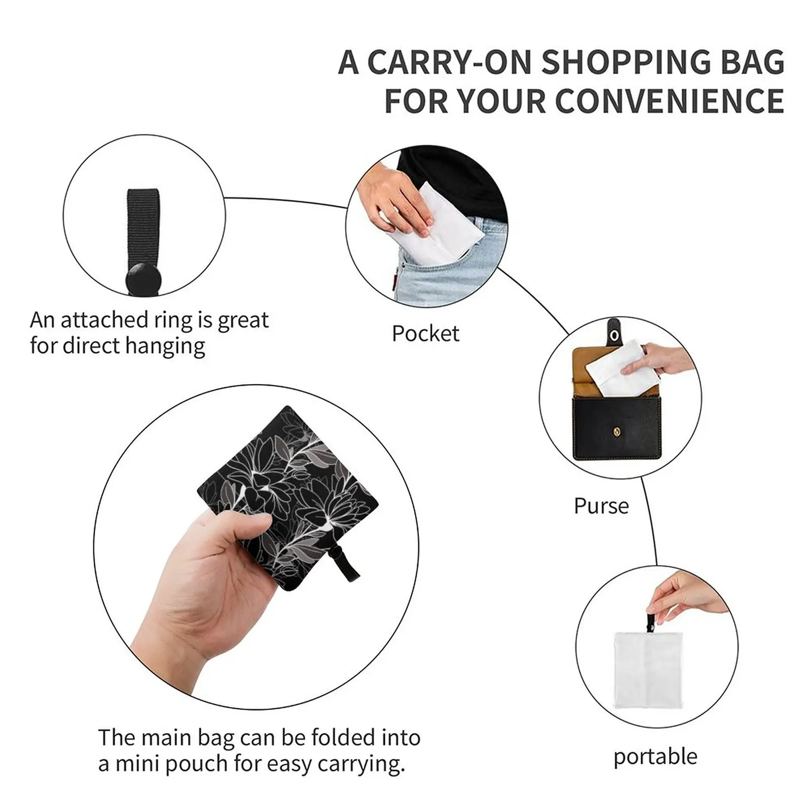 Black Elegant Full Print Handbag Portable Shopper Bag Reusable Portable High Capacity Travel Totebag All Print DIY Design