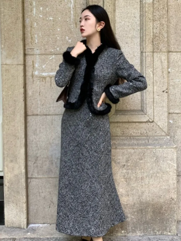

Women Elegant Ptachwork Suits 2023 Autumn New Long Sleeve Lady Coat Vintage Slim Mermaid Skirt Winter Fashion Solid 2 Pieces Set