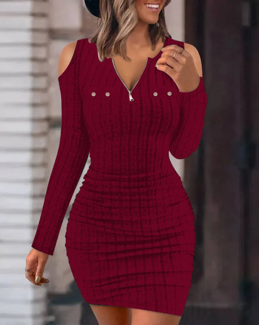 

Autumn Winter Off The Shoulder Zipper Ribbed Mini Dress Sexy Sheath Dress Long Sleeve Bodycon Robe Ladies Slim Short Vestidos