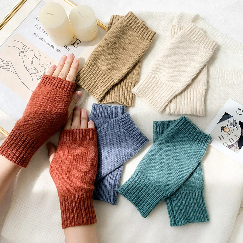 Long Fingerless Gloves Women‘s Mitten Winter Warm Knitted Arm Sleeve