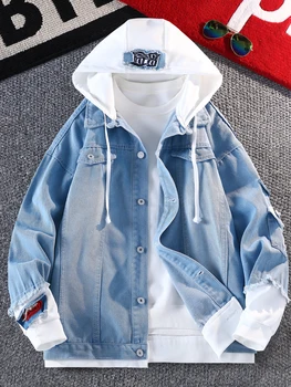 2026 Spring New Men's Denim Jacket Hooded Casual Style Polyester Fiber Coat with Hole Design Universal Fit Regular Length