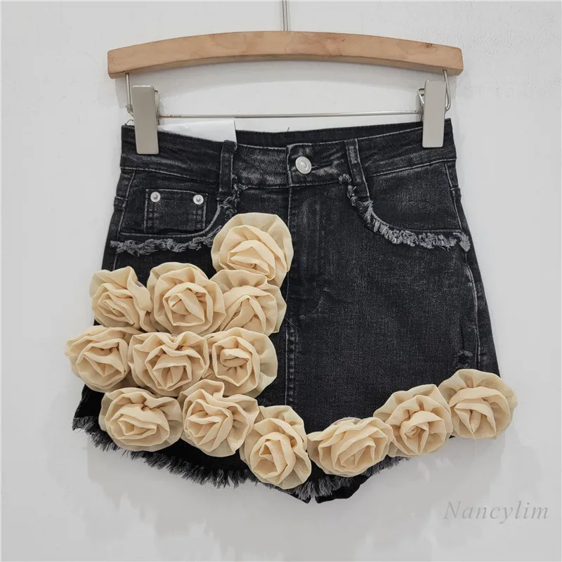 European Style Flower Design Raw Edge Denim Skirt Shorts for Women 2024 Summer New Retro Stretch High Waist A- Line Hot Pants
