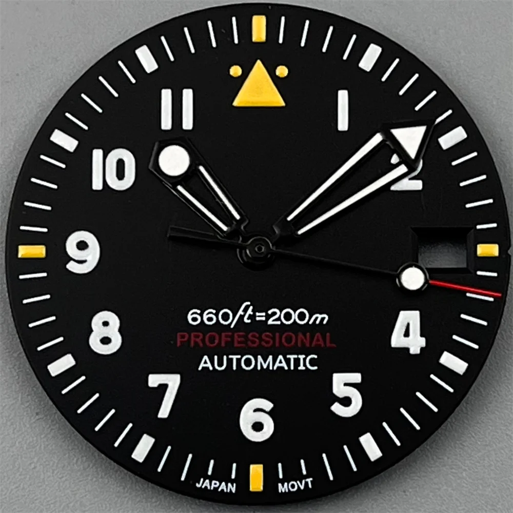 Enhanced Black Pilot Style Watch Dial and Luminous Hand Set - C3 Green Glow