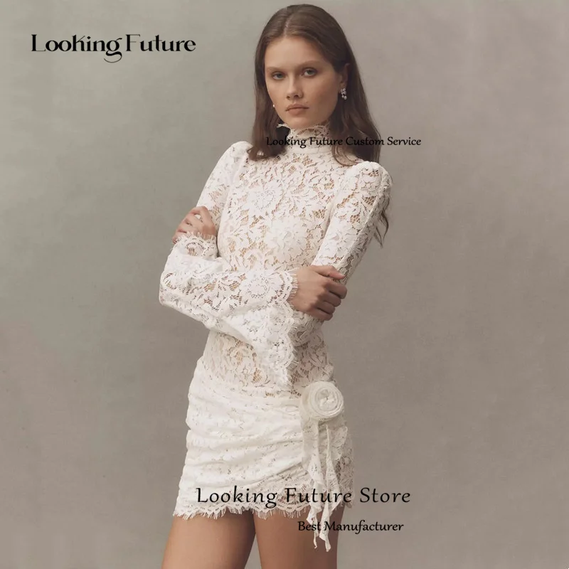 Classic Lace Appliques Mini Wedding Dresses Sexy Sheath Long Sleeves High Neck Bride Dress Anove Knee Pleat Lace Up Customized 12 S347b4c8edf054f719a0fc06bf268be49I