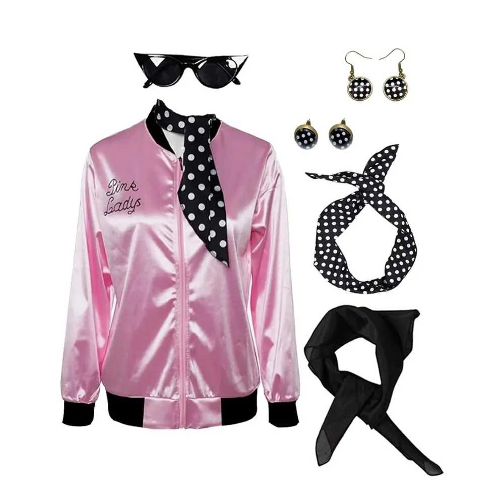 Cosplay Pink Ladies Grease Costume Retro Jacket Fancy Cheerleader Adult  Women Girls Pink Autumn Coat Halloween Party Suit - AliExpress